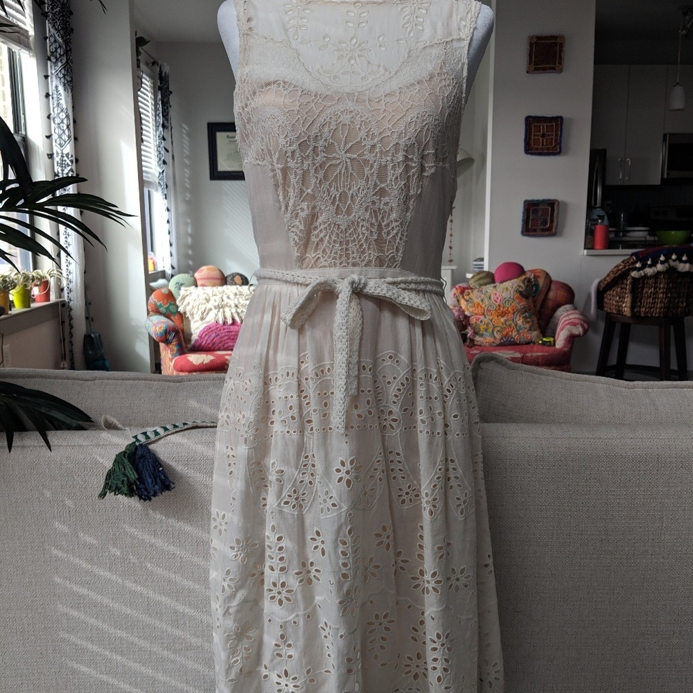 Anthropologie Cream Lace midi dress